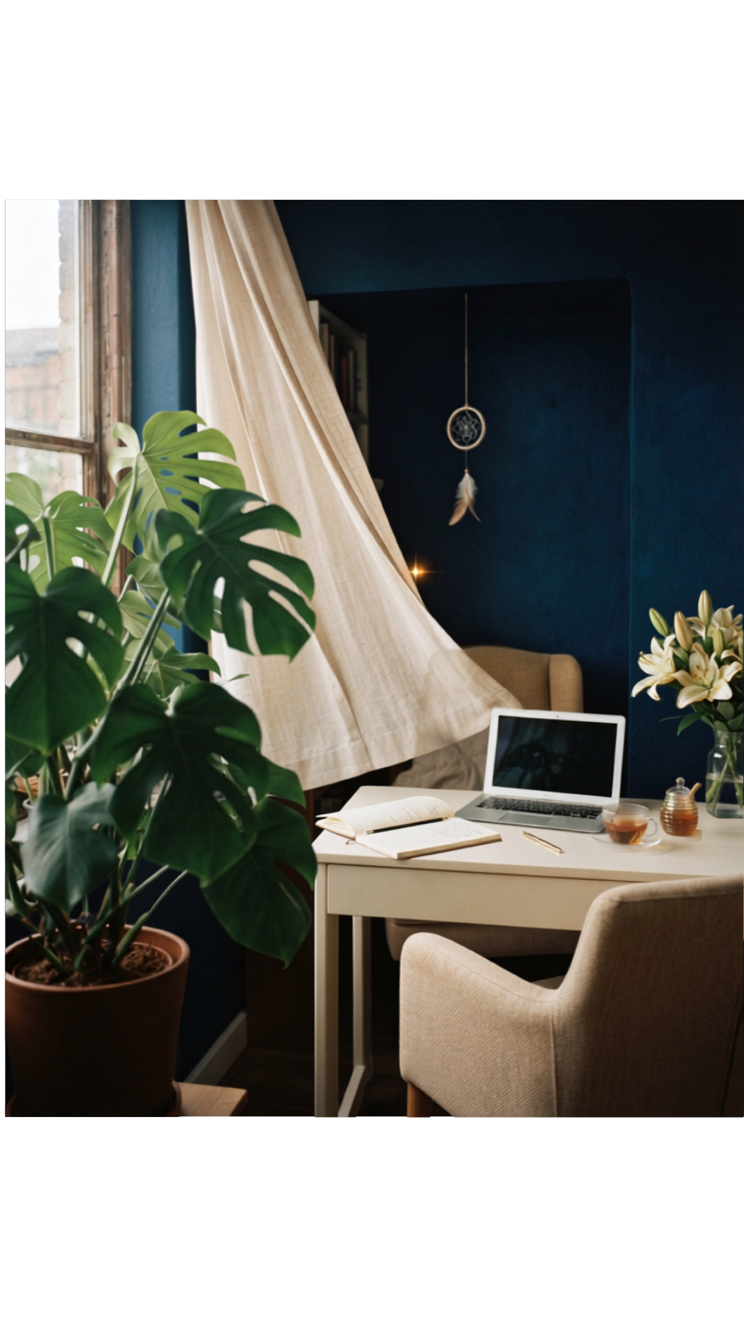 Bureau ivoire devant un mur bleu profond, monstera et lys