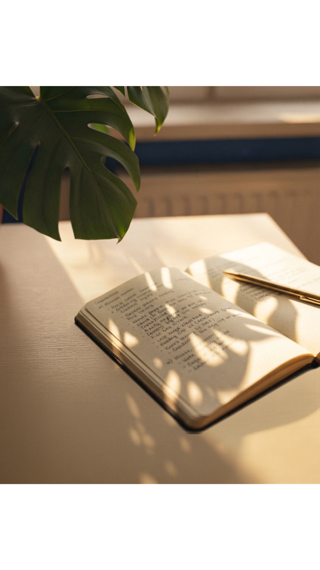 Carnet manuscrit sur le bureau, traversé par l’ombre d’une feuille de monstera