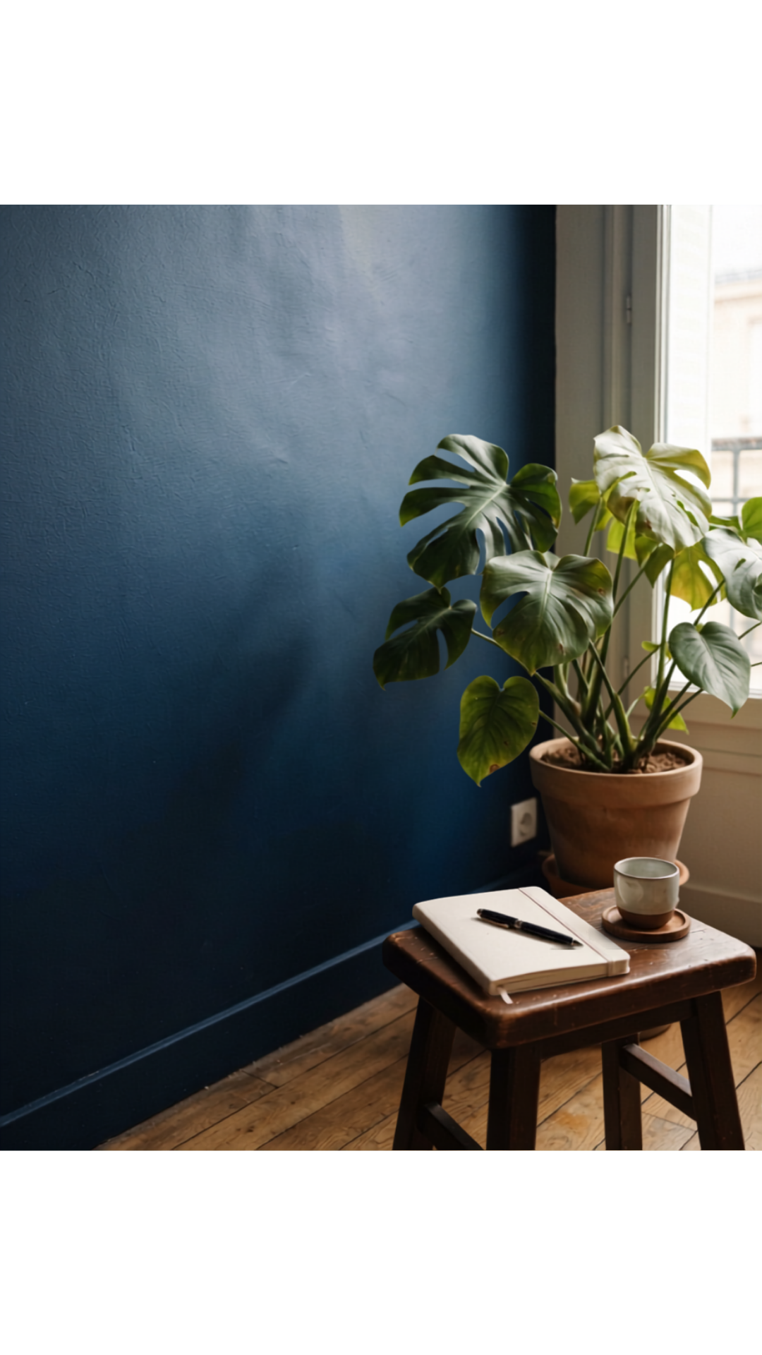 Mur bleu profond, monstera et carnet posé sur un tabouret de bois