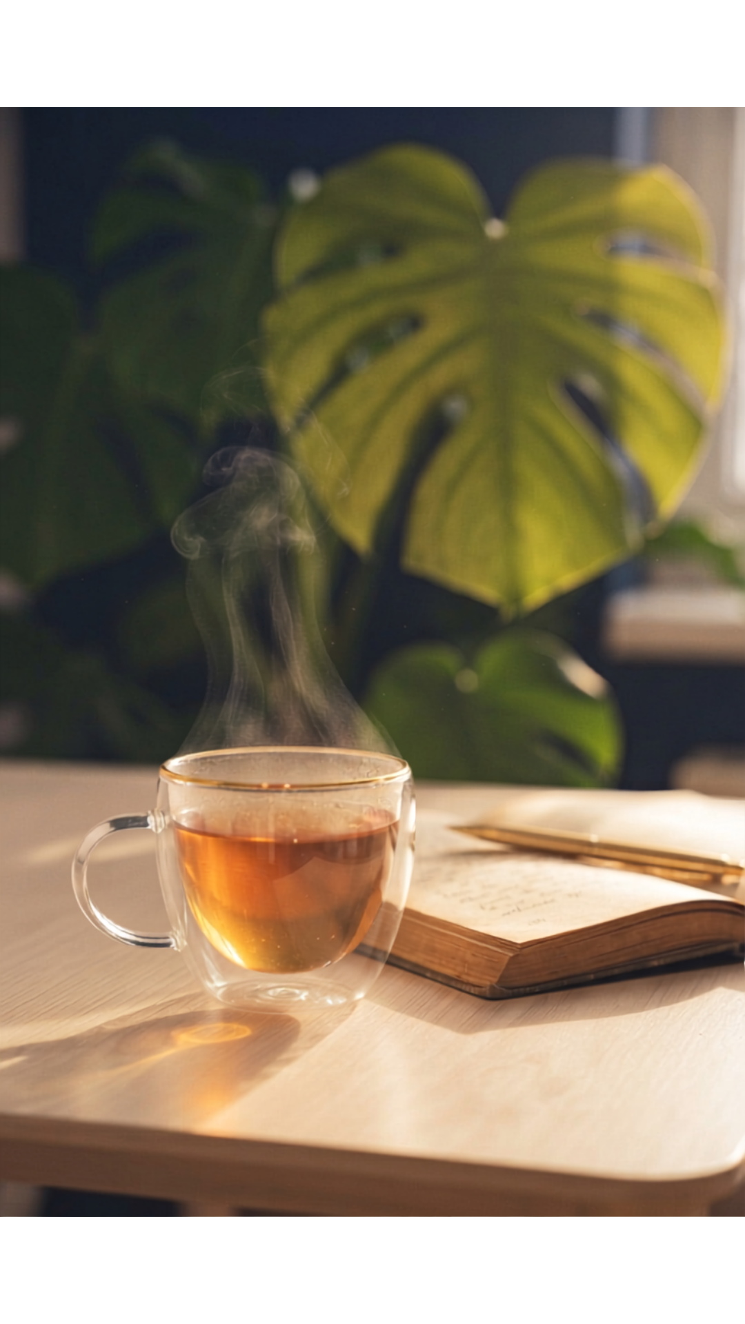 Tasse de thé fumante posée près d’un carnet, monstera en arrière-plan