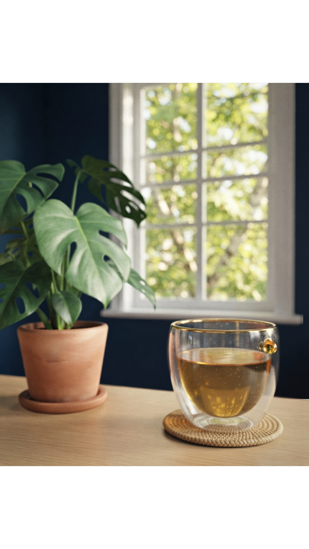 Tasse de thé près de la fenêtre, feuilles de monstera à contre-jour